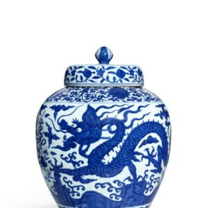 Grote dekselvaas in blauw-wit porselein met drakendecor - Ming-dynastie, Jiajing-periode
