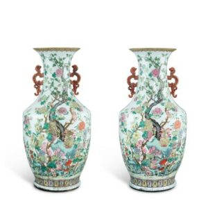 Paar grote famille rose porseleinen vazen met bloemmotief - Qing-dynastie, 18de-19de eeuw