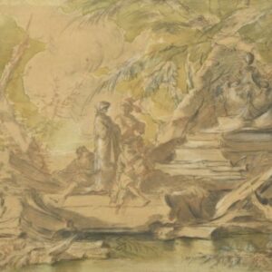 Klassieke tekening in inkt en aquarel, pastorale scène uit de 18de eeuw