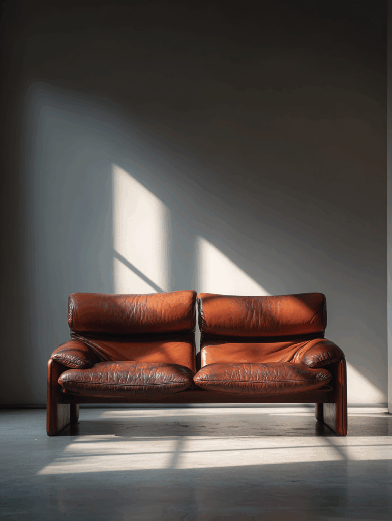 Canapé Maralunga Vico Magistretti 1973 Cassina 3 places, cuir marron, dossier réglable sangles breveté, numérotation signatures authenticité, patine naturelle.