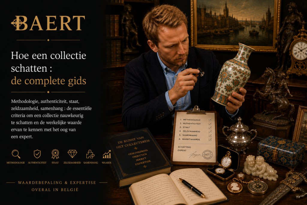 Collectie oude voorwerpen voor schatting - schilderij, brons, juweel en porselein op experttafel