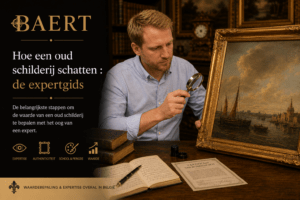 Baert-expert schat Chinese vaas met loep, omringd door antieke voorwerpen - schilderij, bronzen paard, zakhorloge, zilverwerk en jade beeldje