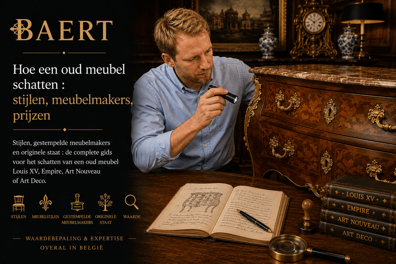 Stijlen, gestempelde meubelmakers en originele staat : de complete gids voor het schatten van een oud meubel Louis XV, Empire, Art Nouveau of Art Deco.