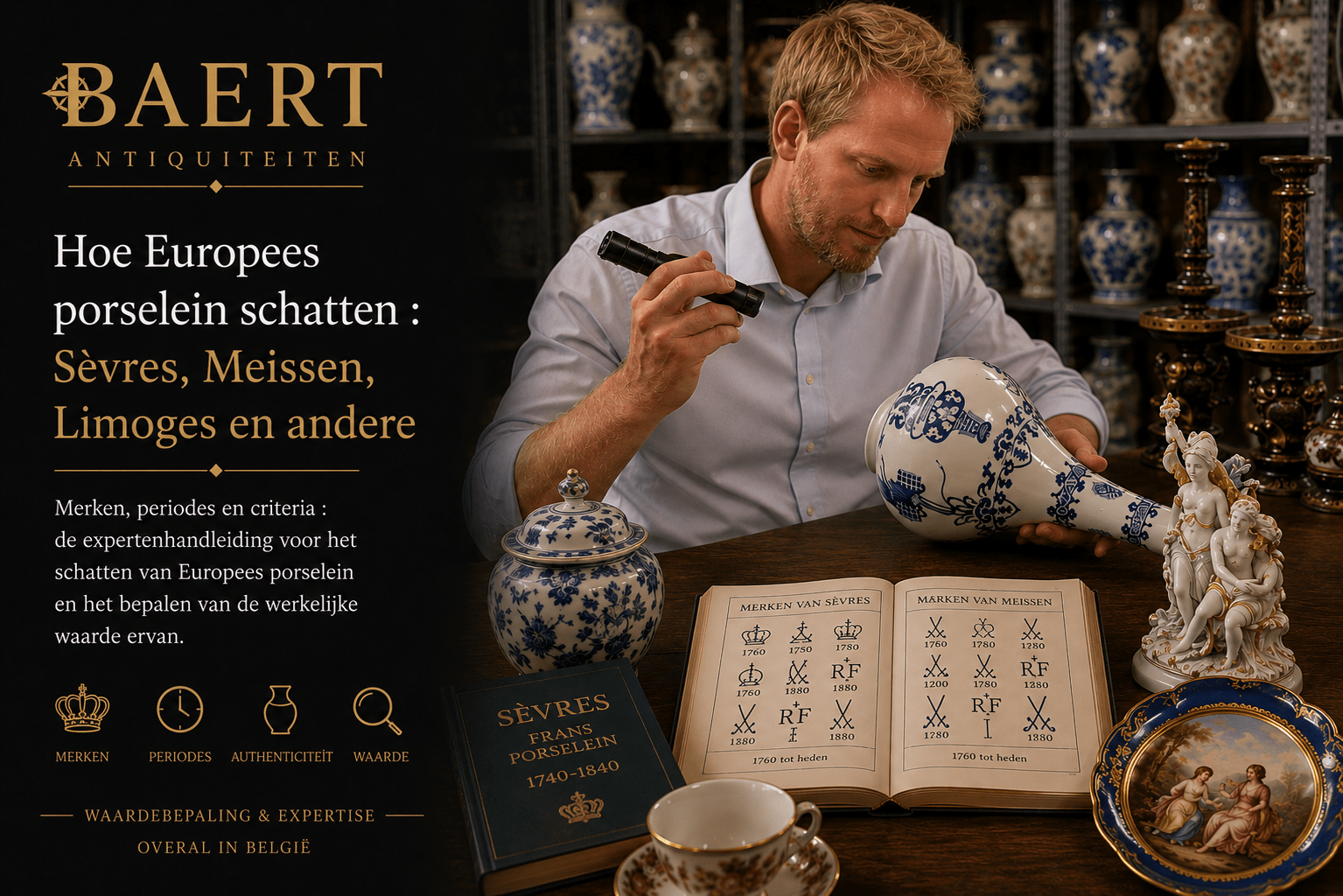 Merken, tijdperken en criteria : de expertenhandleiding voor het schatten van oud Europees porselein (Sèvres, Meissen, Limoges, Wenen) en de waarde ervan.
