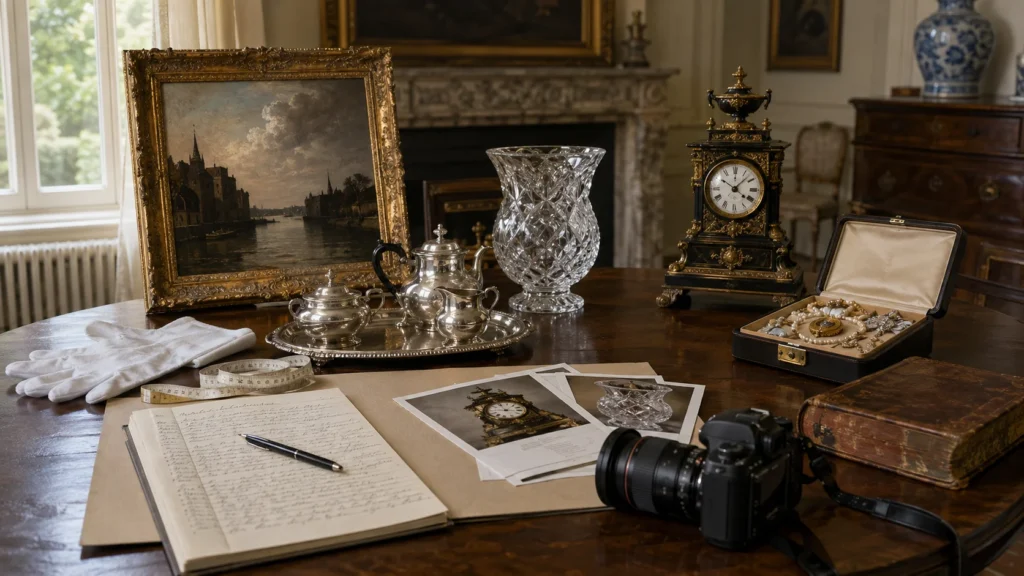 Oud schilderij, zilverwerk, kristal, pendule en juwelen worden gefotografeerd en gedocumenteerd met het oog op hun verzekering.