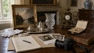 Oud schilderij, zilverwerk, kristal, pendule en juwelen worden gefotografeerd en gedocumenteerd met het oog op hun verzekering.