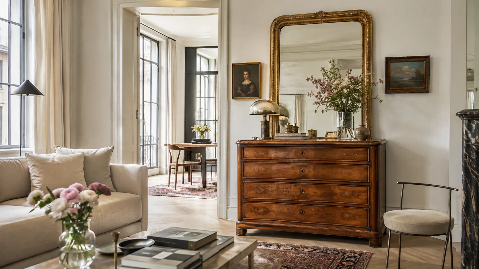 Antieke houten commode en grote vergulde spiegel in een lichte, moderne woonkamer in grandmillennial stijl.