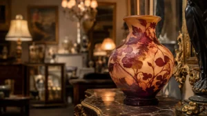 Antieke vaas in meerlagig glas met een gegraveerd bloemendecor, tentoongesteld in het interieur van een antiquair.
