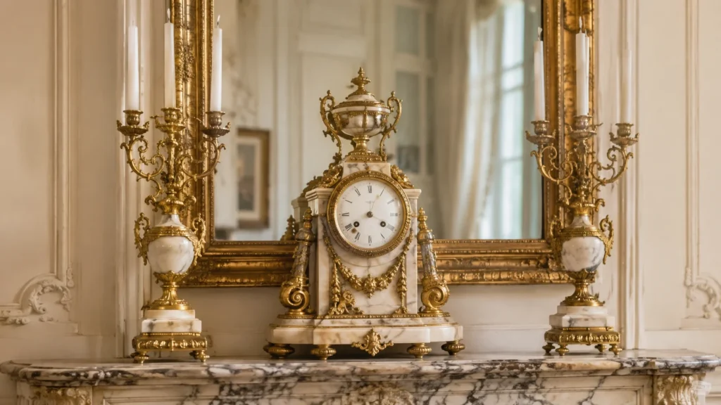 Antieke pendule in empirestijl, uitgevoerd in verguld brons en wit marmer, op een schouw in een klassiek interieur.