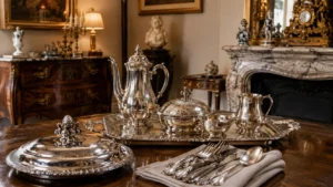 Antiek servies van verzilverd metaal met koffiepot, afgedekte schaal, dienblad, melkkan en bijpassend bestek.