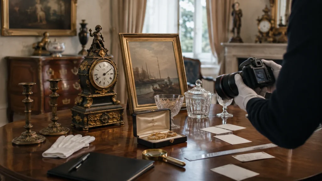 Een expert fotografeert en documenteert een antieke pendule, schilderij, juwelen en kristallen voorwerpen vóór hun verdeling.