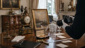 Een expert fotografeert en documenteert een antieke pendule, schilderij, juwelen en kristallen voorwerpen vóór hun verdeling.