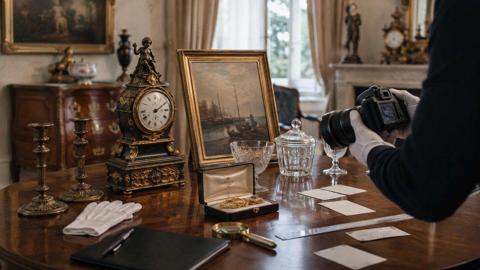 Een expert fotografeert en documenteert een antieke pendule, schilderij, juwelen en kristallen voorwerpen vóór hun verdeling.