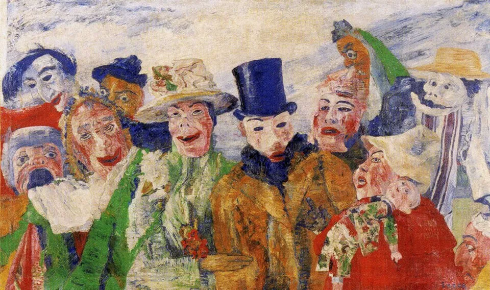Schilderij van James Ensor met een groep gemaskerde figuren in levendige kleuren