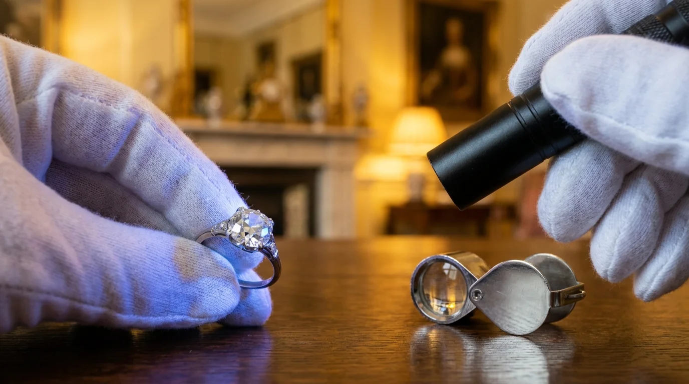 Expertise van een antieke diamanten ring onder UV-licht met juweliersloep