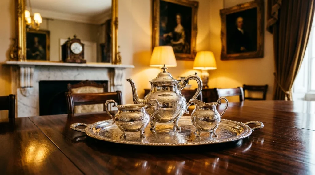 Antiek Engels zilveren theeservies op een dienblad in een klassieke eetkamer