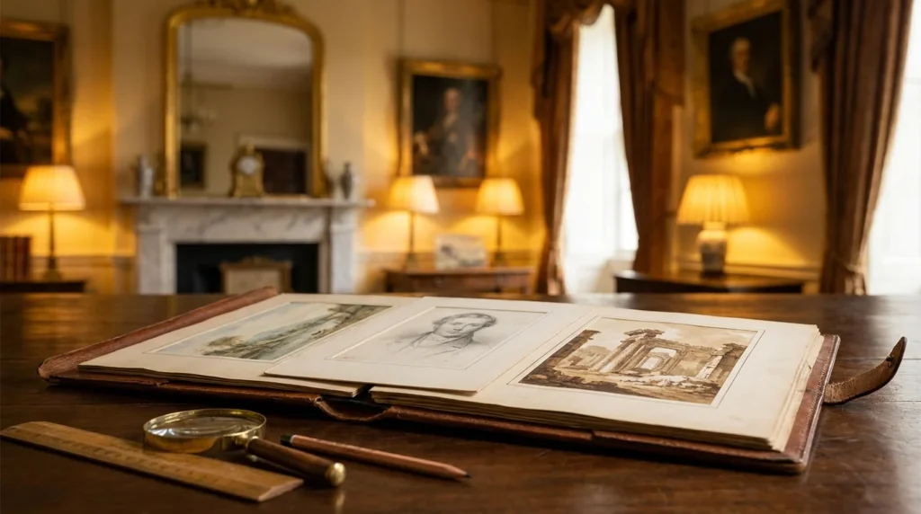 Album met oude tekeningen en aquarellen geopend op een tafel met loep in een antiek interieur